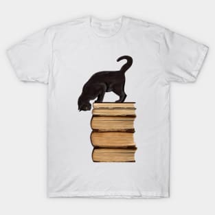 Curious Black Cat on Old Books for Literary Cat Lovers T-Shirt